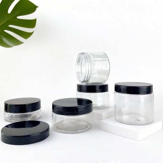 Clear PET Plastic Jar 50ml 100ml 4oz 200ml Black Screw Lid Cosmetic Body Scrub Candy Jewelry Spices Honey Food Storage Container