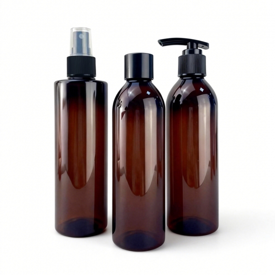 8oz 250ml PET Amber Plastic Bullet Shape Bottles Spray Disc Top Cap Lotion Pump for Shampoo Skin Care Serum Cosmetic Packaging