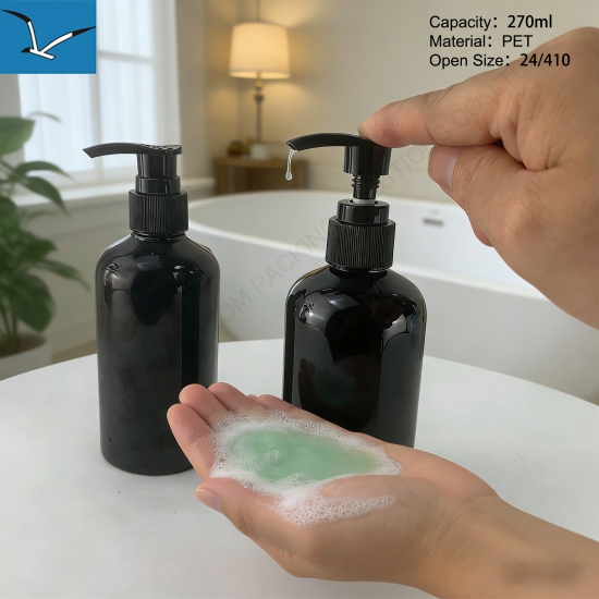 2026 New 270ml 9oz Black PET Plastic Lotion Pump Cylinder Bottle Hand Wash Shampoo Conditioner Family Packaging Empty Container