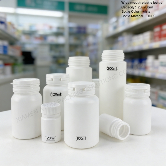 20ml 100ml 120ml 200ml HDPE Plastic Pill Bottle Medicine Tablet Container White Wide Mouth Child Proof Screw Cap Health Vitamin