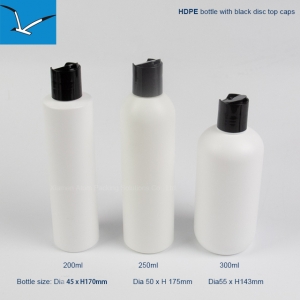 300 ml white matt looking plastic bottle with black disc top cap