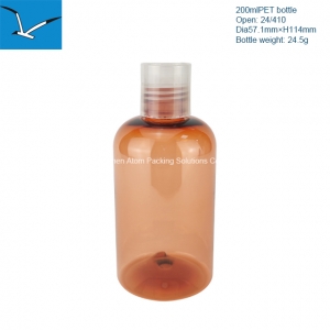 200ml round shoulder plastic shampoo and shower gel bottle with pump and pressure plate top cover