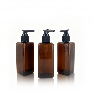 Custom Square 200ml 210ml PET Plastic Bottle Amber Cosmetic Shampoo Lotion Pump Sprayer Screen Printed