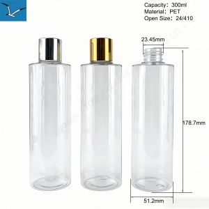 300ml PET Cylinder Shape Shampoo Bottle Skin Care Serum Cosmetic Packaging Gold Stamp Silk Screen Printing Disc Top Cap Bottles