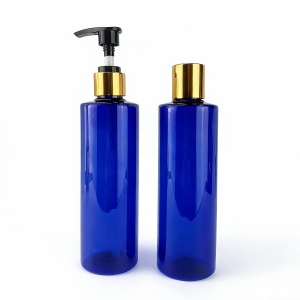 250ml 8oz Blue PET Cylinder Shape Lotion Pump Shampoo Bottle Skin Care Serum Cosmetic Packaging Gold Disc Top Cap Bottles