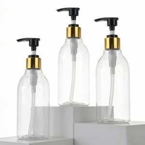 10oz 300ml PET Cylinder Shape  Bottle Gold Black Lotion Pump Screen Printing Surface UV/Heat Transfer Shampoo Skin Clear Bottles